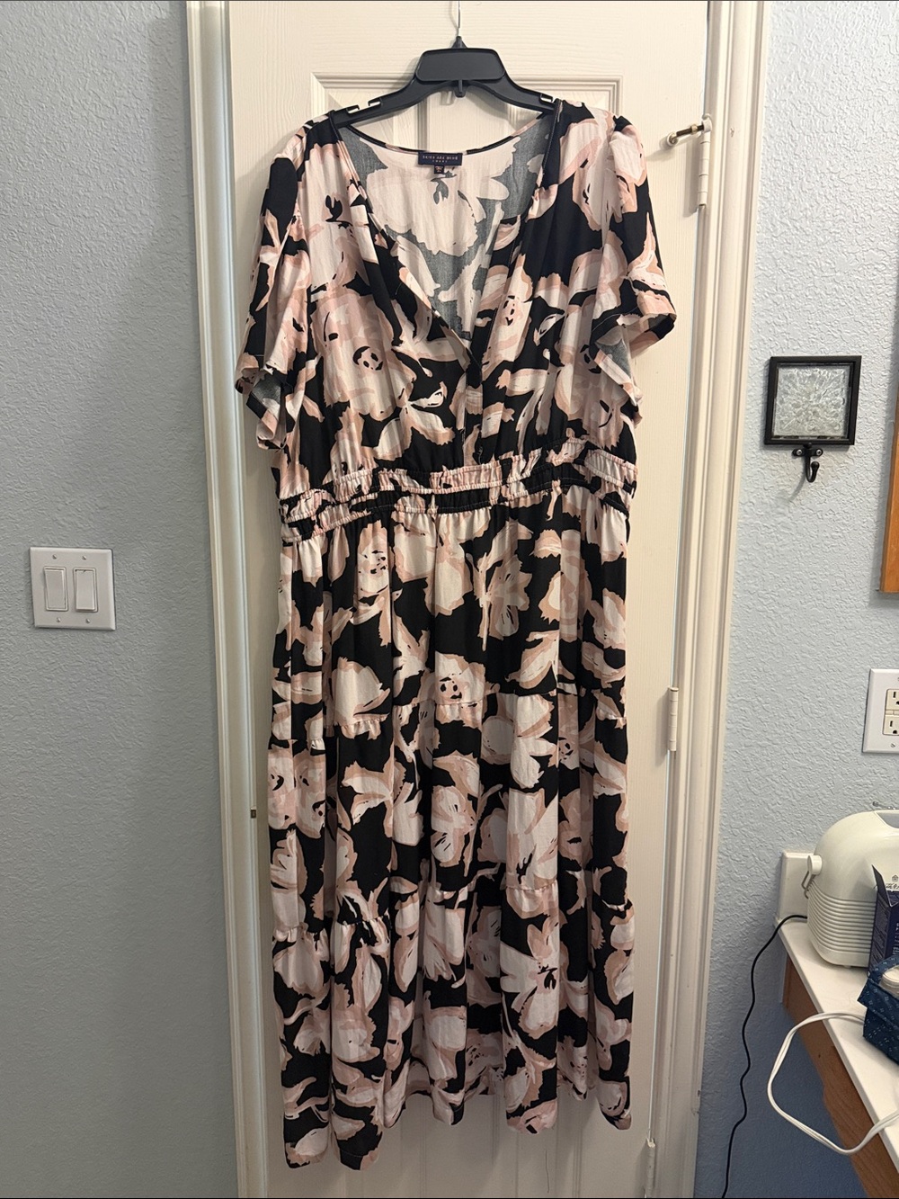 V-Neck Black Maxi Dress with Blush Floral Print